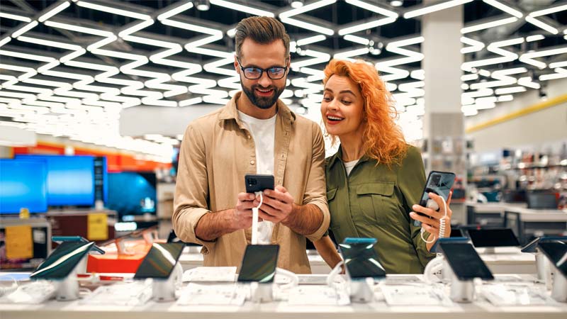 Persone scelgono lo smartphone nuovo da comprare